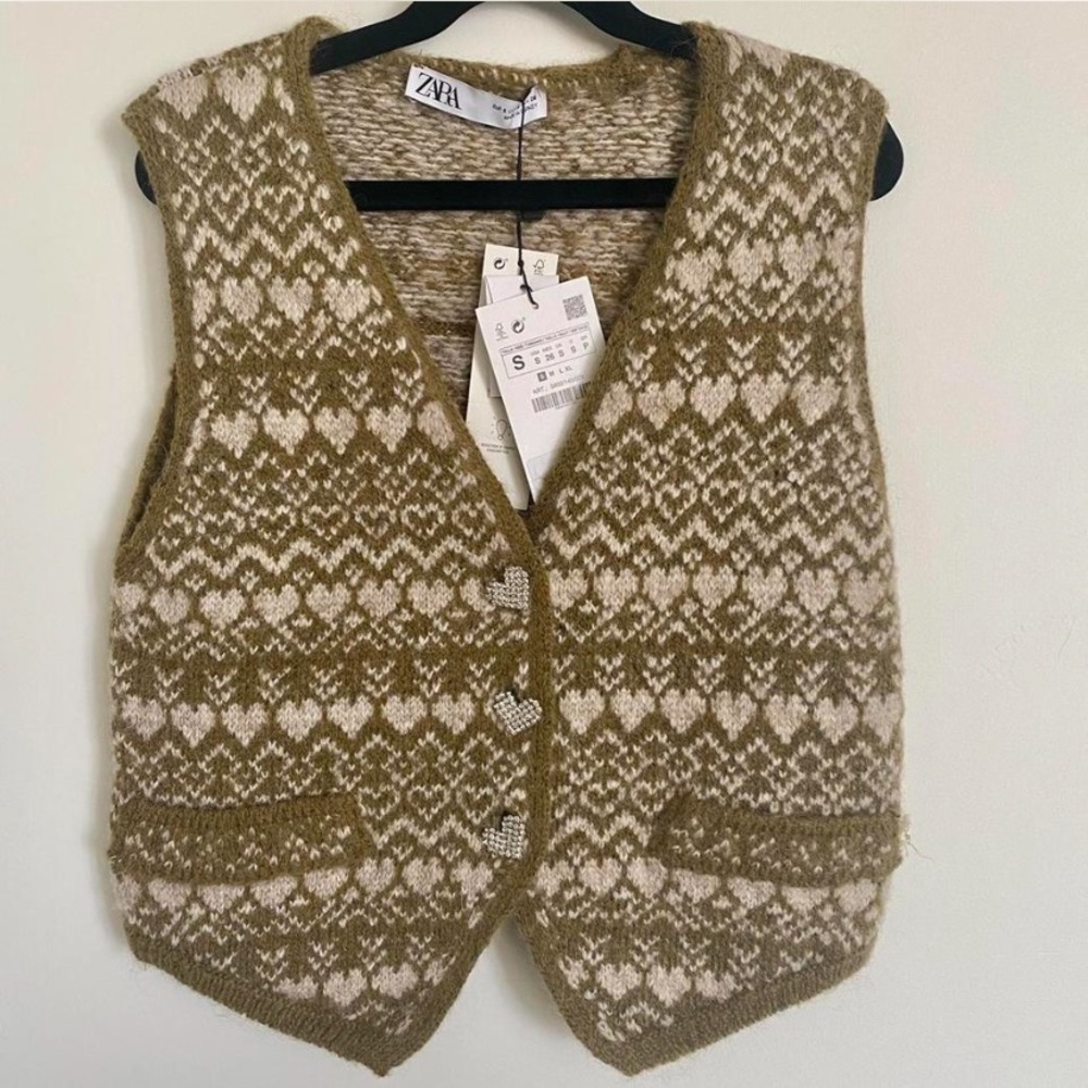 NWT Zara Olive Green Vest with Sparkly Heart Buttons